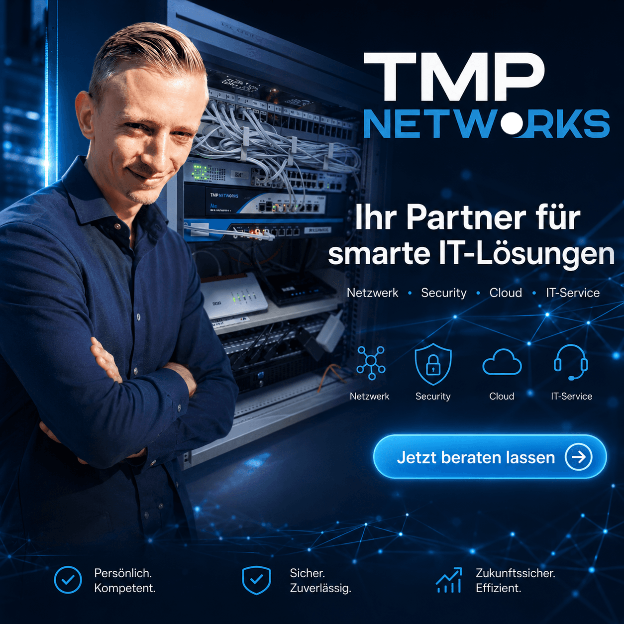 TMP Networks Werbemotiv mit Netzwerk, IT-Service, Security und Cloud