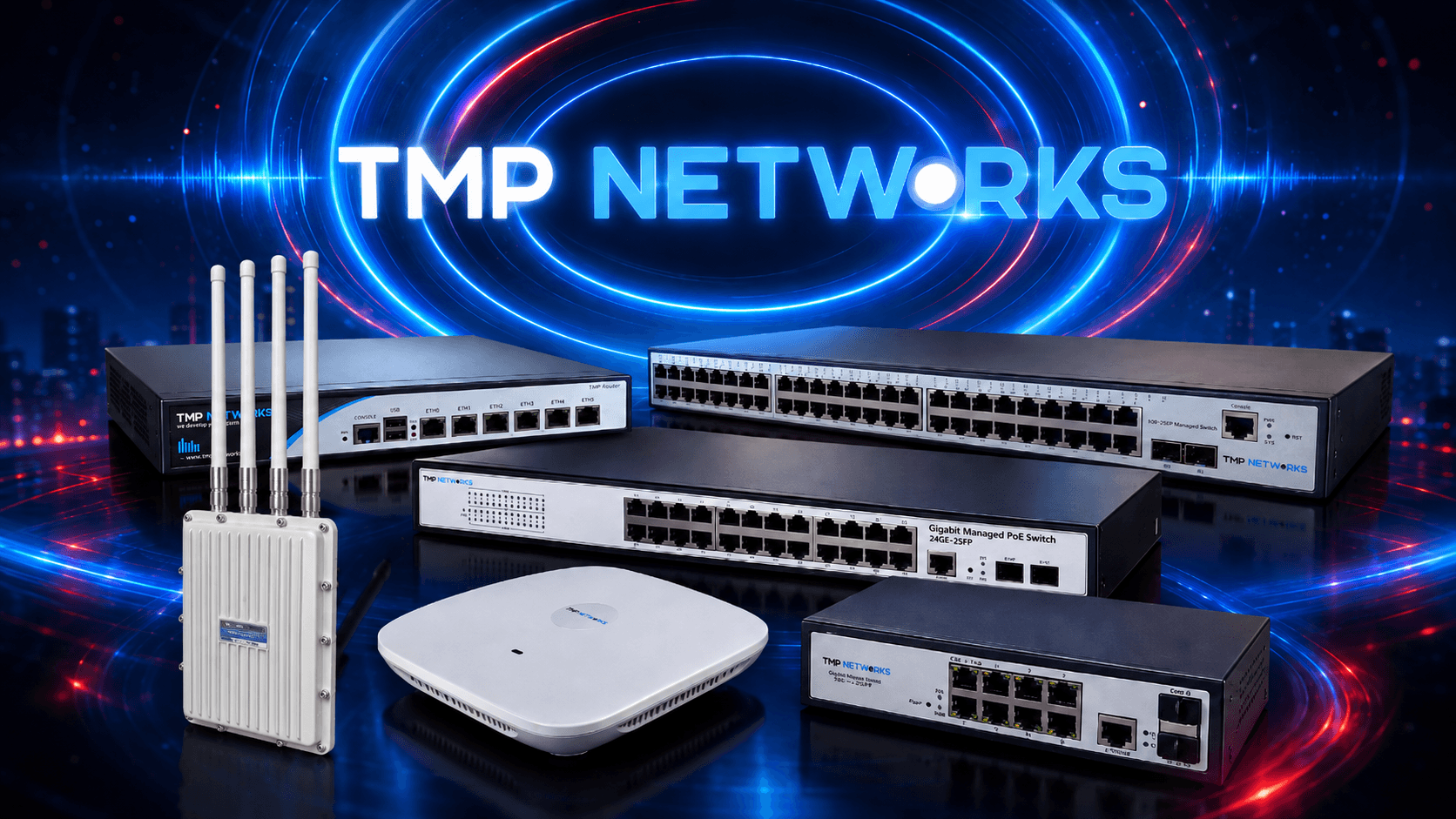 TMP Networks Kampagnenmotiv mit Netzwerk, IT-Service, Security und Managed Services