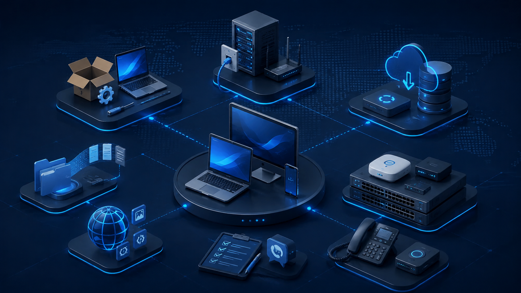 Illustration einer vielseitigen IT-Service-Landschaft mit Setup, Telefonie, Netzwerk und Dokumentationsbausteinen im TMP Networks Stil.