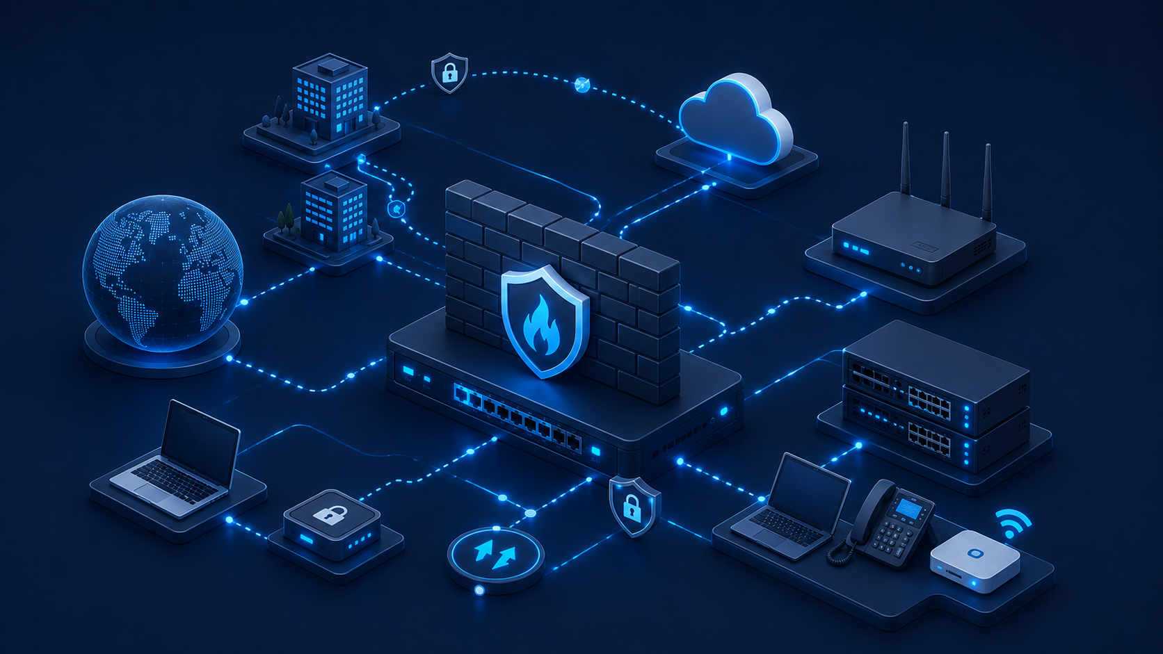 Illustration einer sicheren Netzwerkarchitektur mit Firewall, VPN, Cloud und Connectivity-Komponenten im TMP Networks Stil.