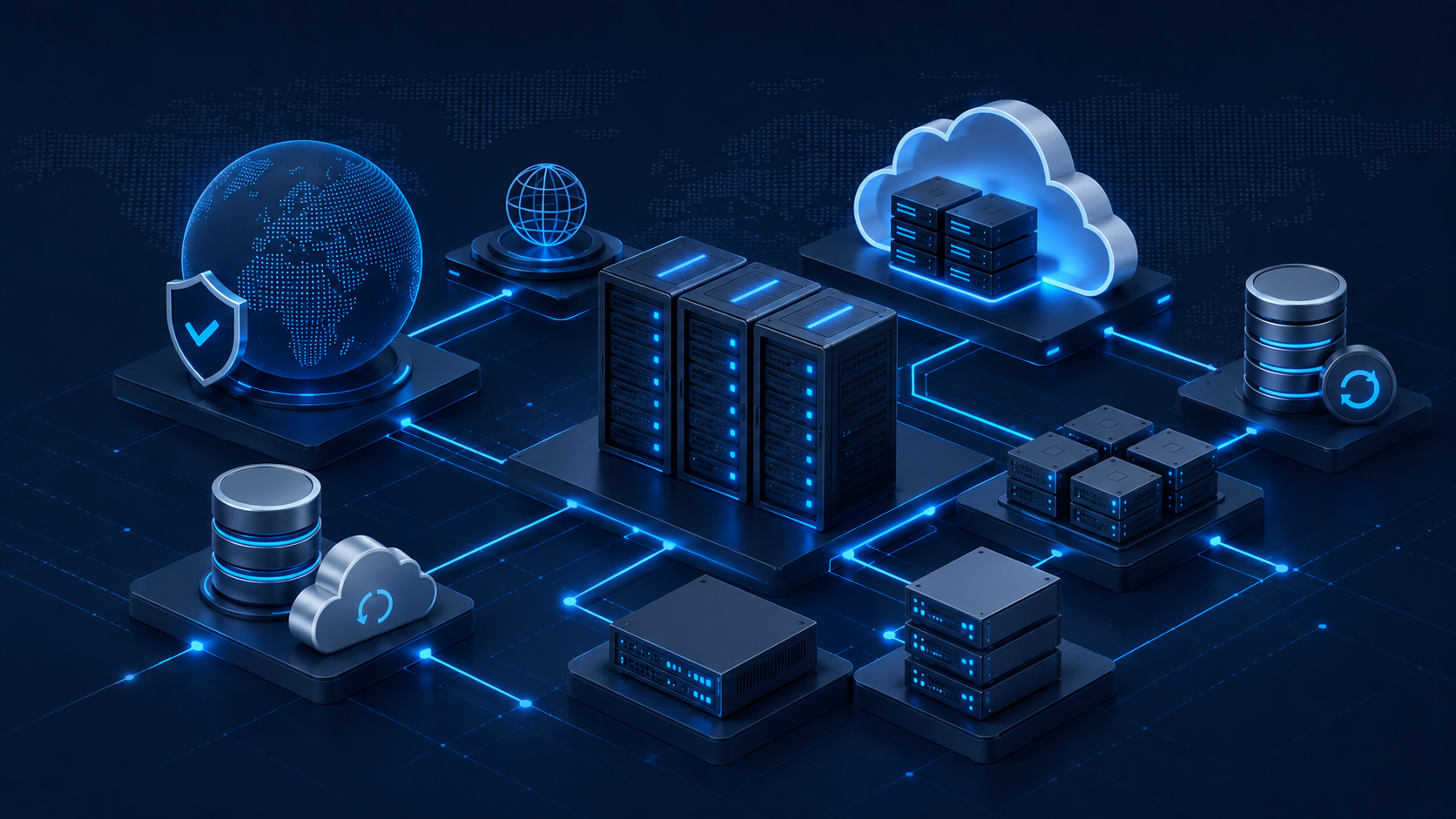Illustration eines vernetzten Rechenzentrums mit Cloud-, Hosting- und Server-Komponenten im TMP Networks Stil.