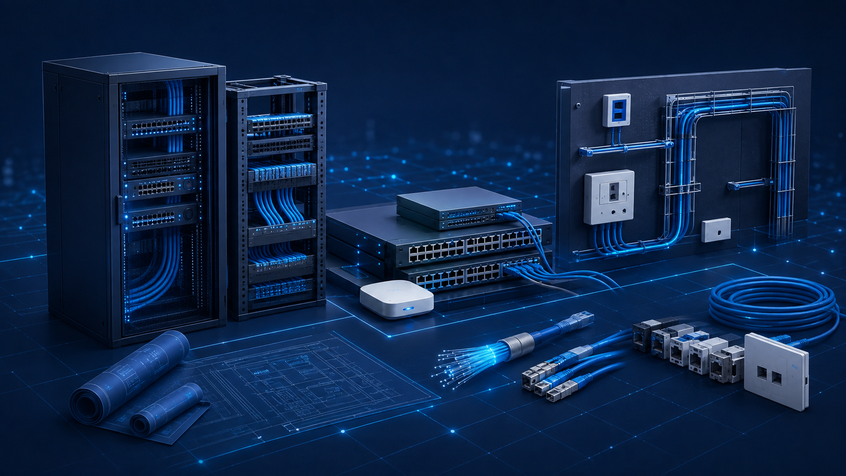 Illustration einer modernen Netzwerk-Infrastruktur mit Racks, Switches, LWL und Verkabelung im TMP Networks Stil.