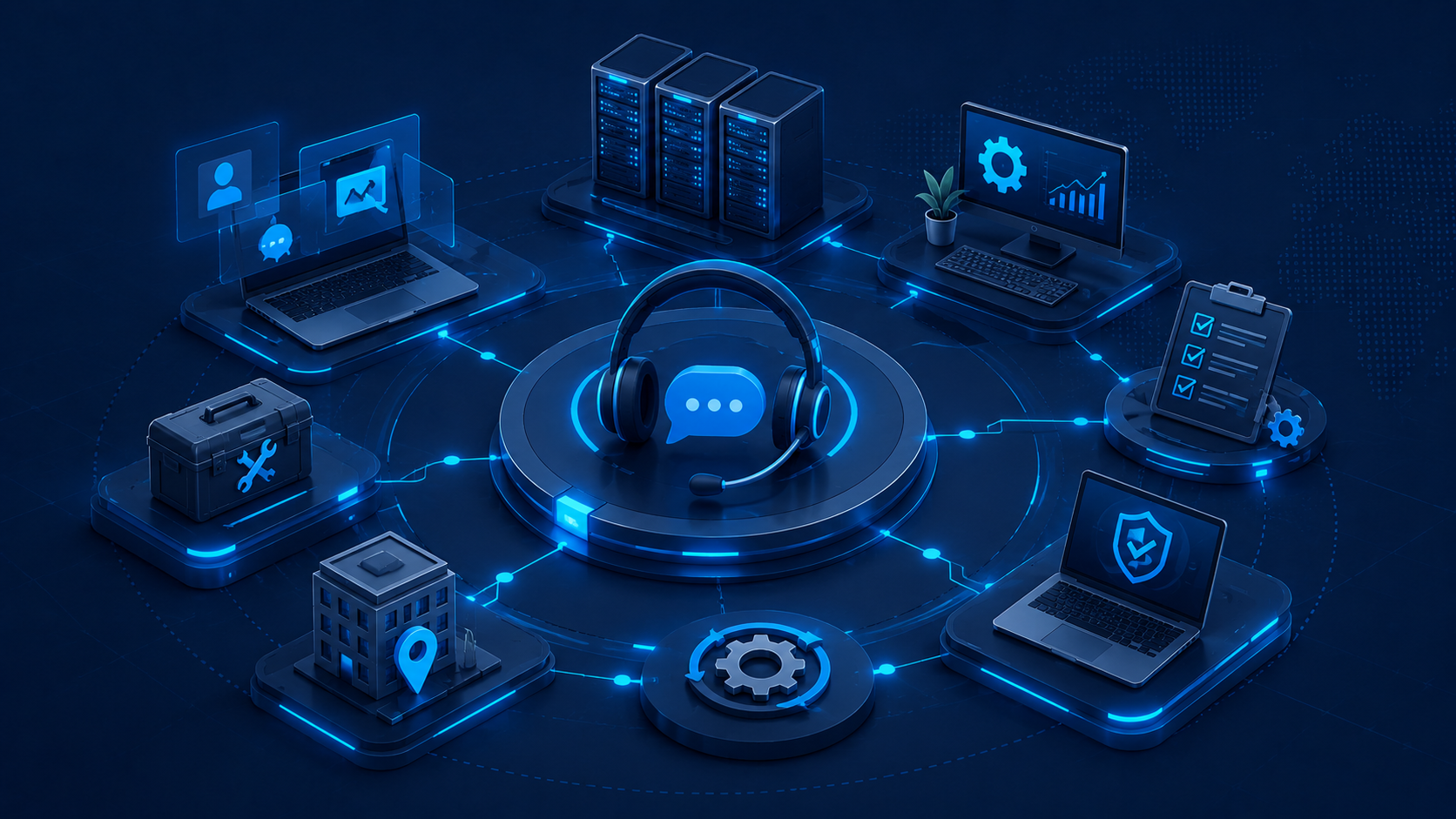 Illustration eines vernetzten IT-Support-Setups mit Headset, Servern und Service-Tools im TMP Networks Stil.
