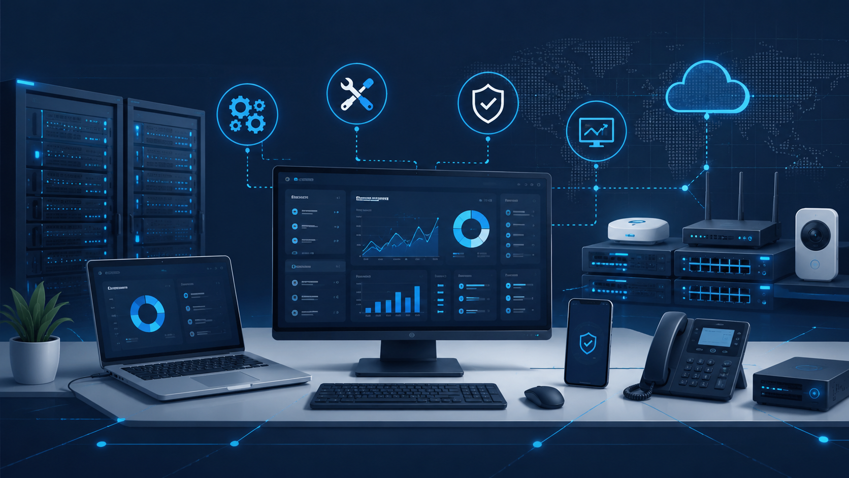 Illustration einer modernen Managed-IT- und Monitoring-Umgebung mit vernetzten Geräten im TMP Networks Stil.