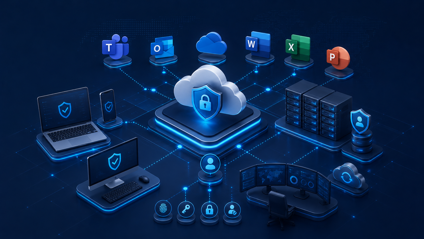 Illustration einer Cloud- und Security-Plattform mit Microsoft-365-Apps, Schutzsymbolen und Monitoring im TMP Networks Stil.